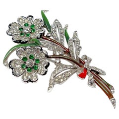Trifari 1940s Enamel and Rhinestone Floral Fur Clip