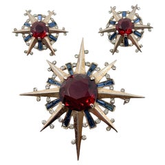 Trifari 1944 Gold Plated Sterling Vintage Starburst Brooch and Earrings Set