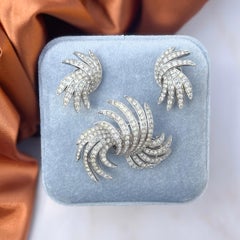 Trifari 1950s Rhinestone Swirl Design Vintage Brooch and Earrings Set