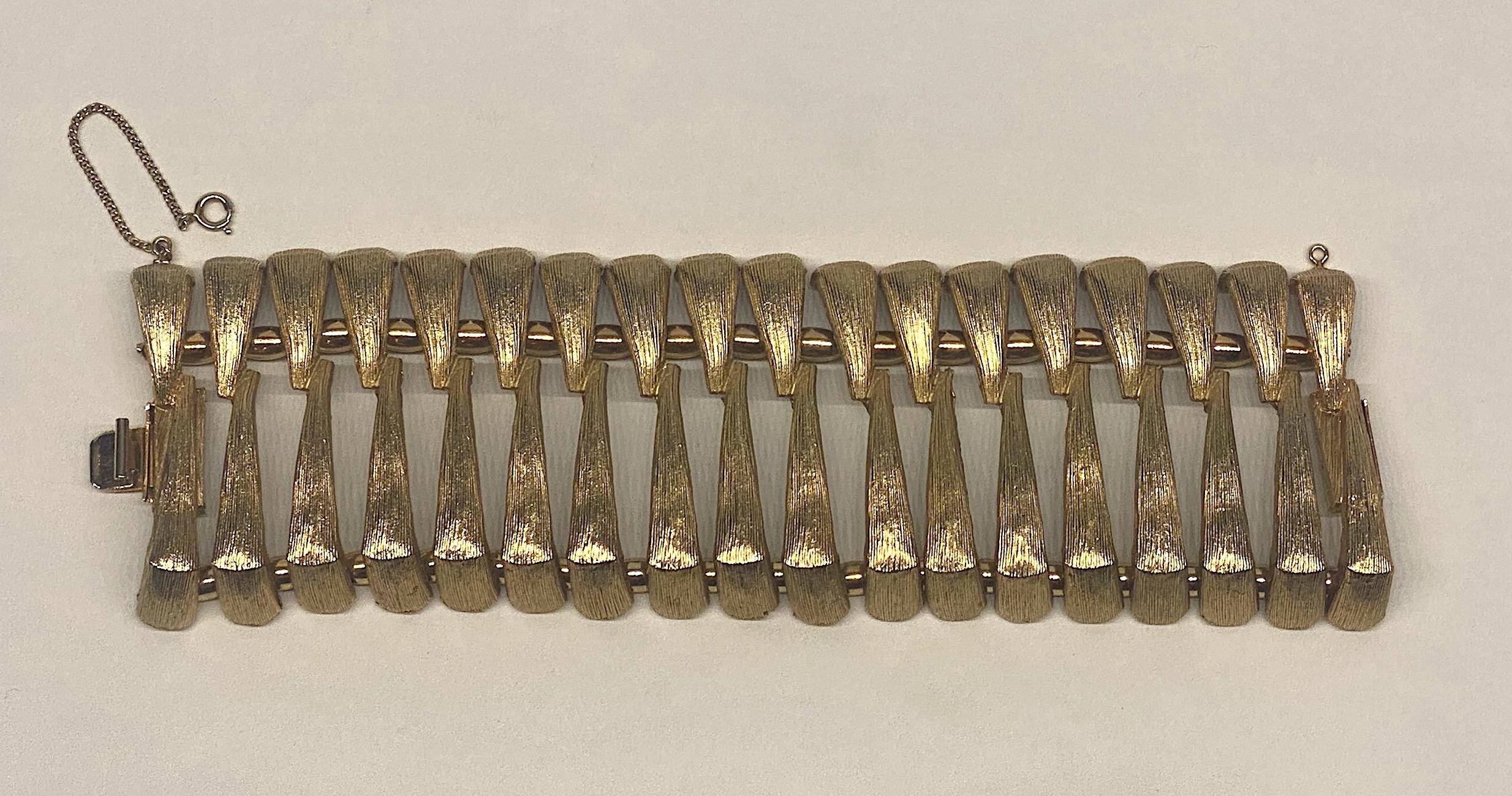 Women's or Men's Trifari 1950s Satin Gold Wide Abstract Link Bracelet