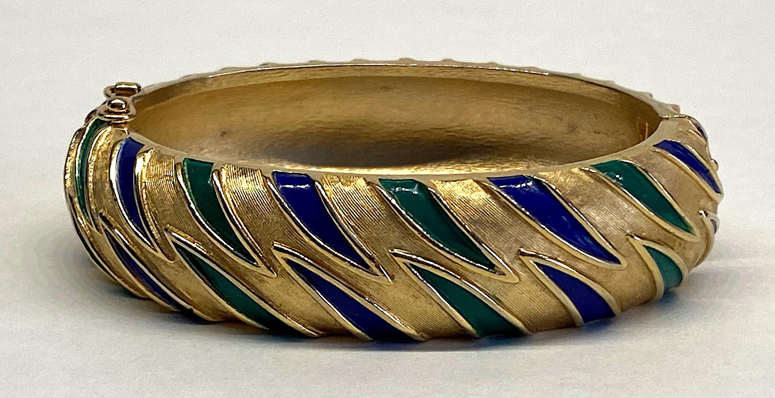 Trifari 1960s Blue and Green Enamel on Satin Gold Bangle 4