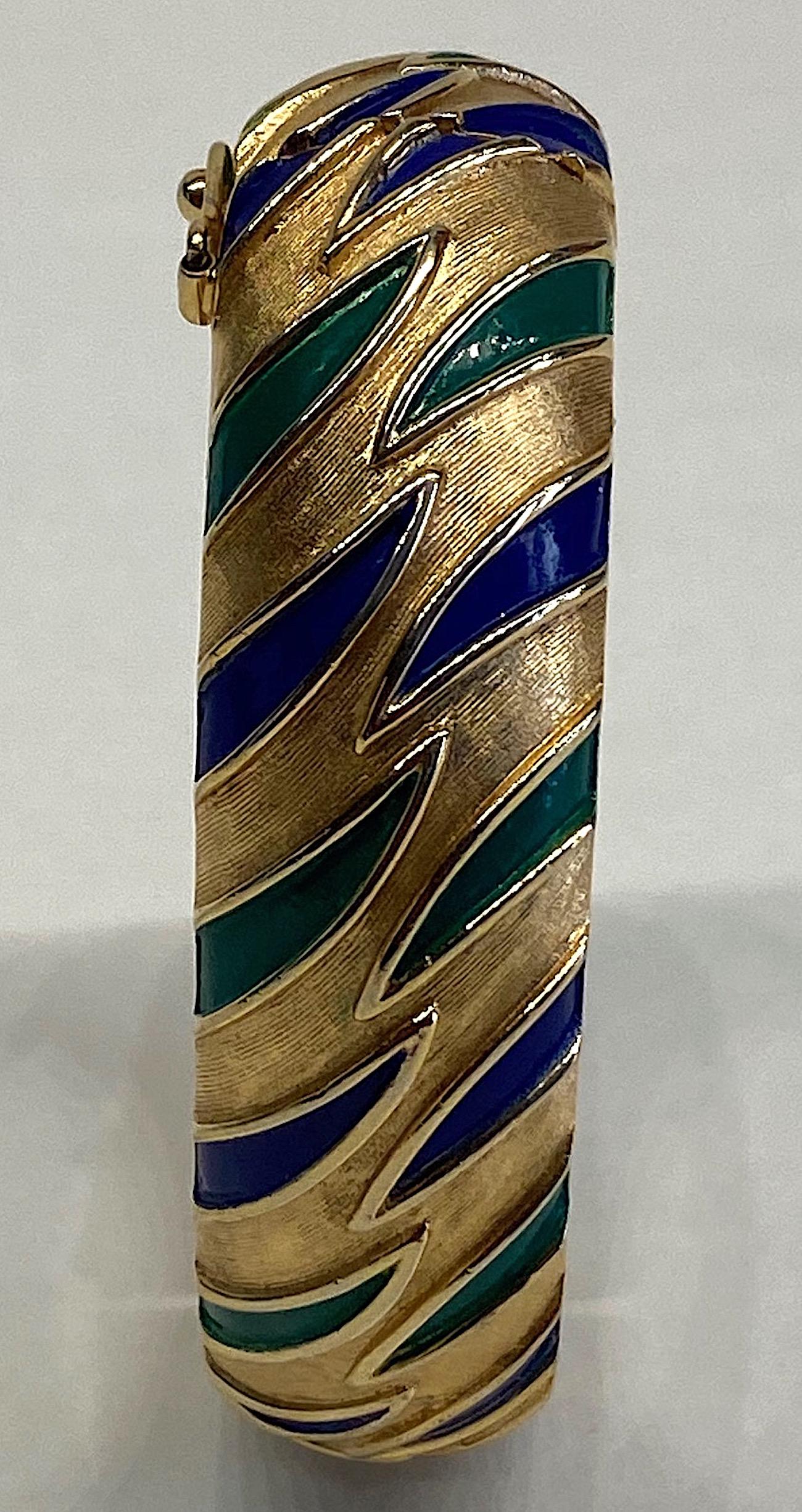 Trifari 1960s Blue and Green Enamel on Satin Gold Bangle 7