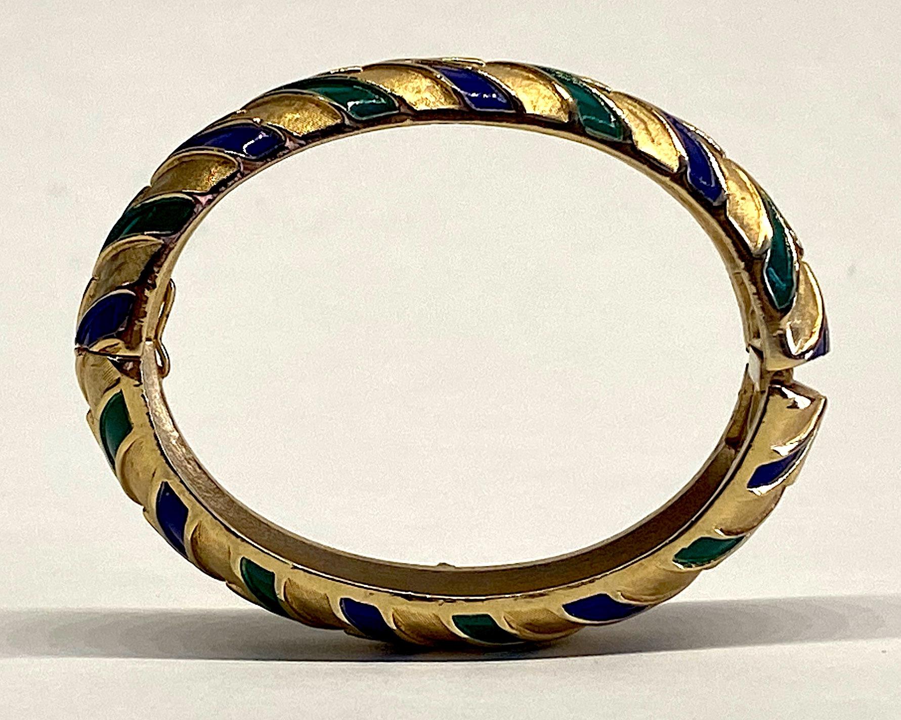 Trifari 1960s Blue and Green Enamel on Satin Gold Bangle In Excellent Condition In New York, NY