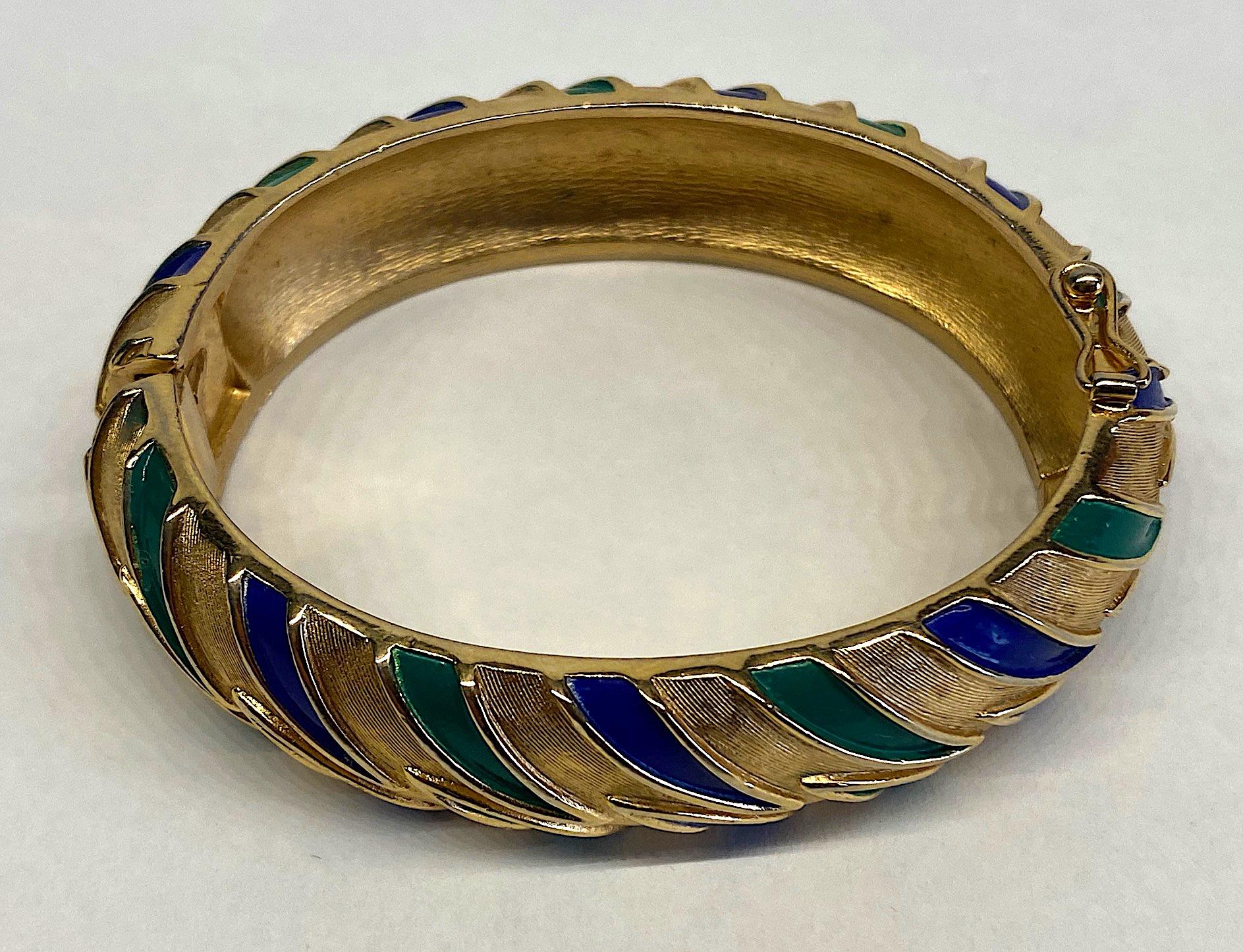 Trifari 1960s Blue and Green Enamel on Satin Gold Bangle 1