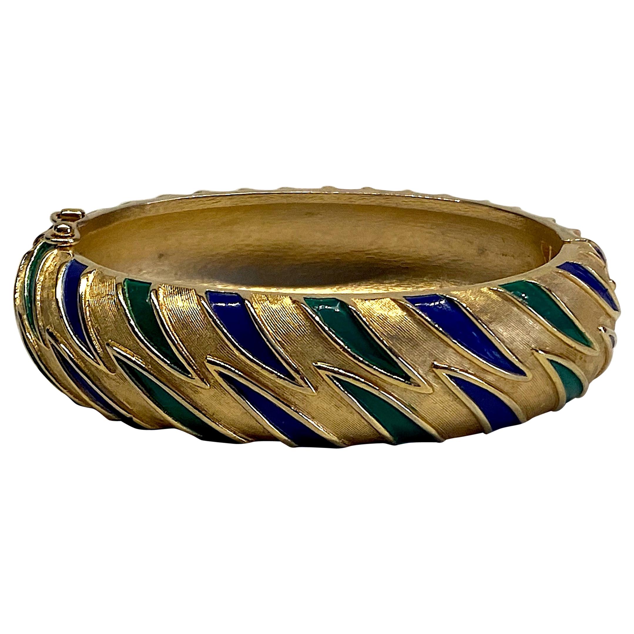 Trifari 1960s Blue and Green Enamel on Satin Gold Bangle