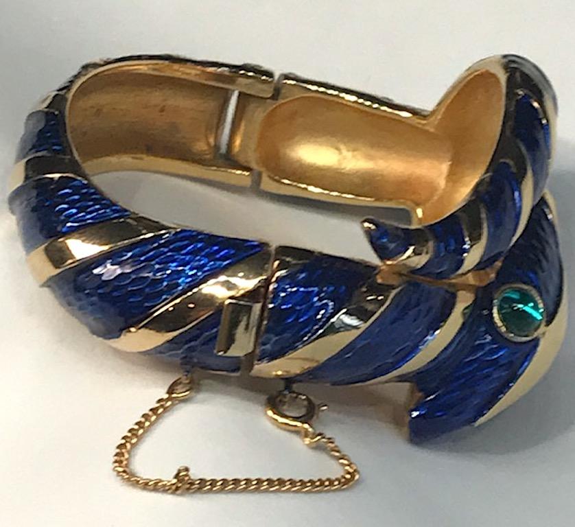 Trifari 1960s Blue Enamel Snake Bangle Bracelet 2