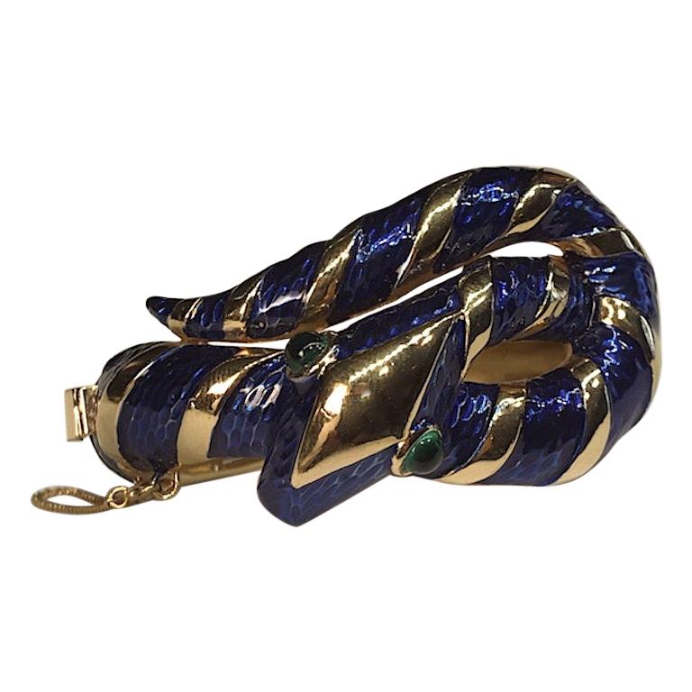 Trifari 1960s Blue Enamel Snake Bangle Bracelet