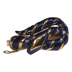 Vintage Trifari 1960s Blue Enamel Snake Bangle Bracelet