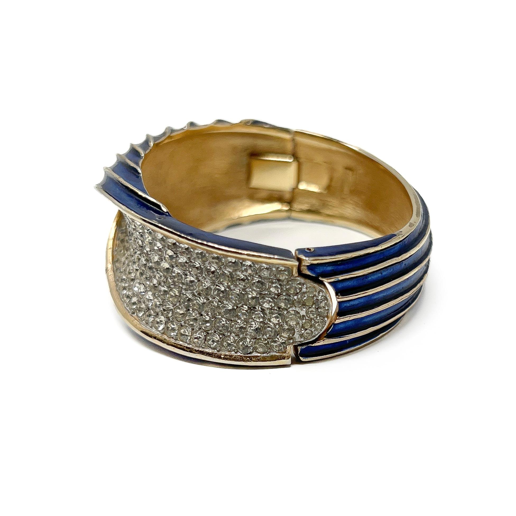 Trifari 1960s Gold Plate, Enamel and Rhinestone Vintage Cuff and Earrings Set For Sale 3