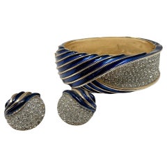 Trifari 1960s Gold Plate, Enamel and Rhinestone Vintage Cuff and Earrings Set