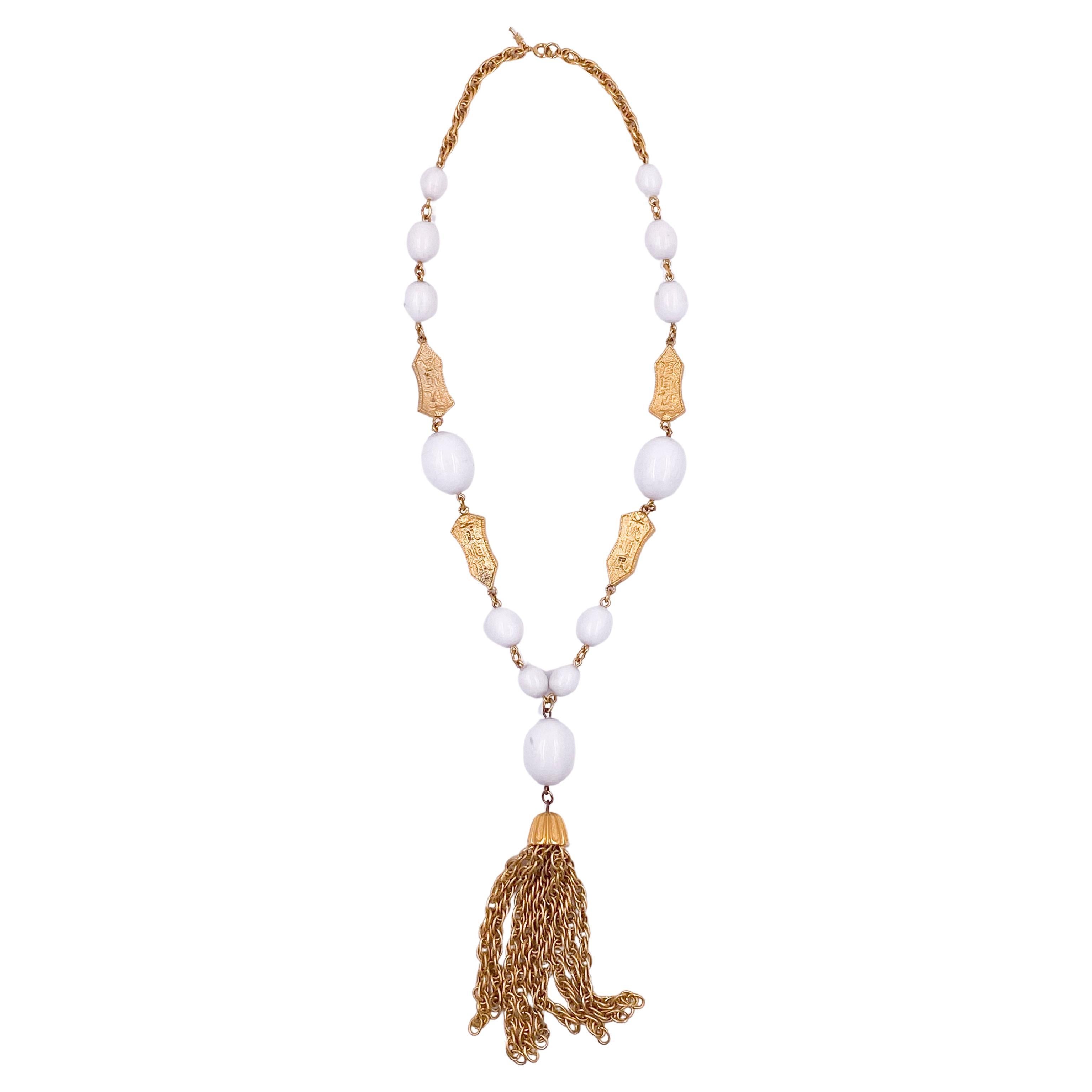 Trifari 1960s White Ball/ Gold Tassel Crown Necklace For Sale