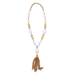 Trifari 1960s White Ball/ Gold Tassel Crown Necklace