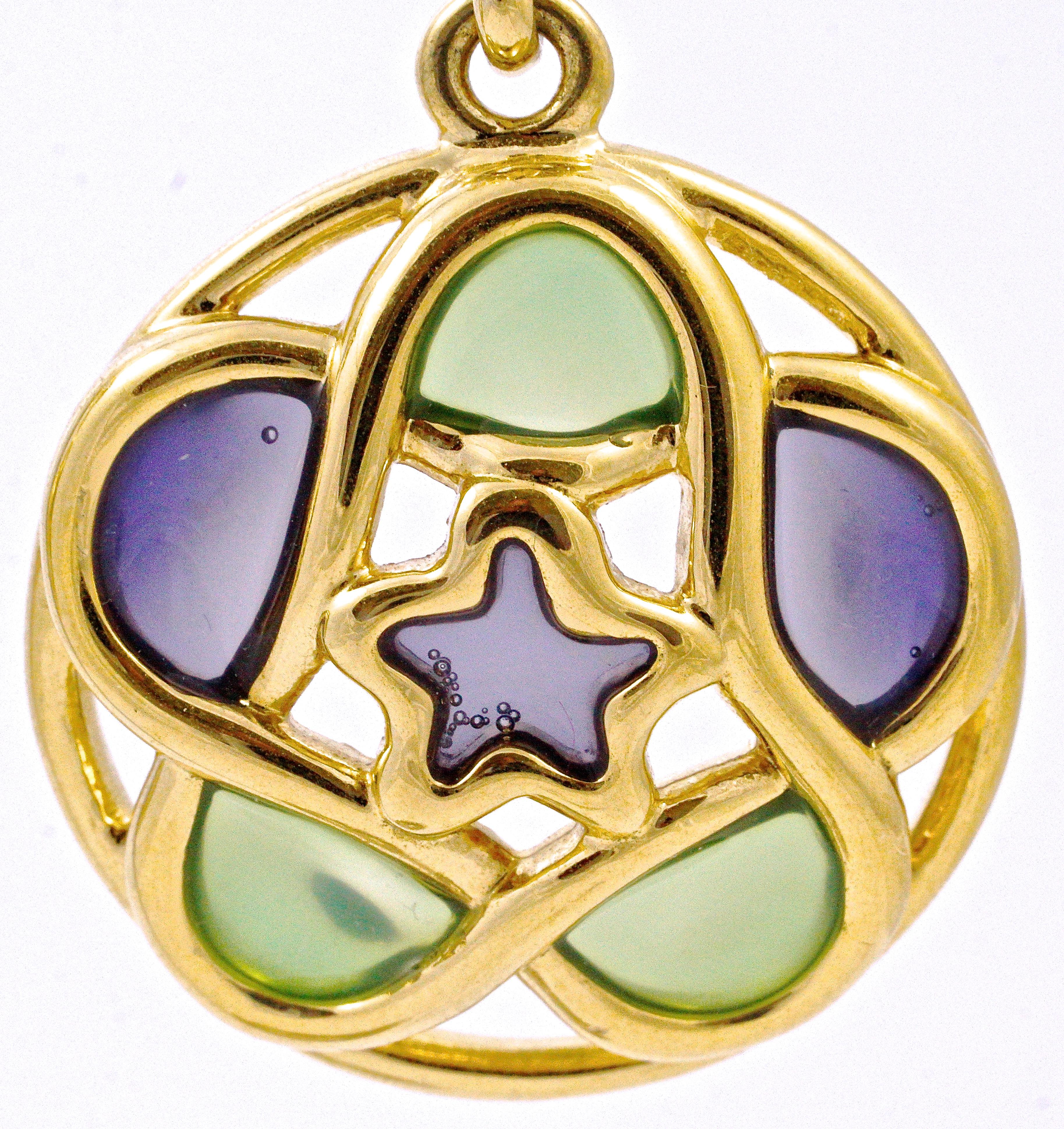 Trifari 1980s Gold Plated Green and Lilac Glass Sun Face Star Clip On Earrings In Good Condition In London, GB