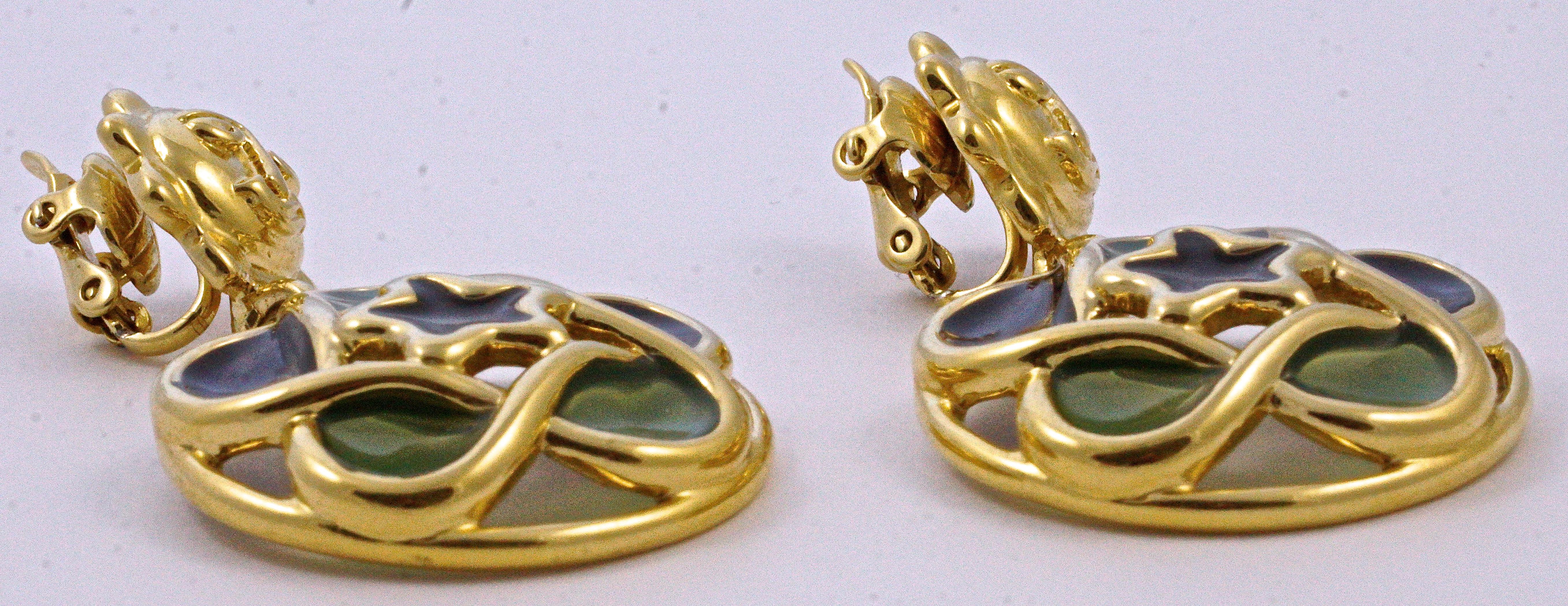 Trifari 1980s Gold Plated Green and Lilac Glass Sun Face Star Clip On Earrings 2