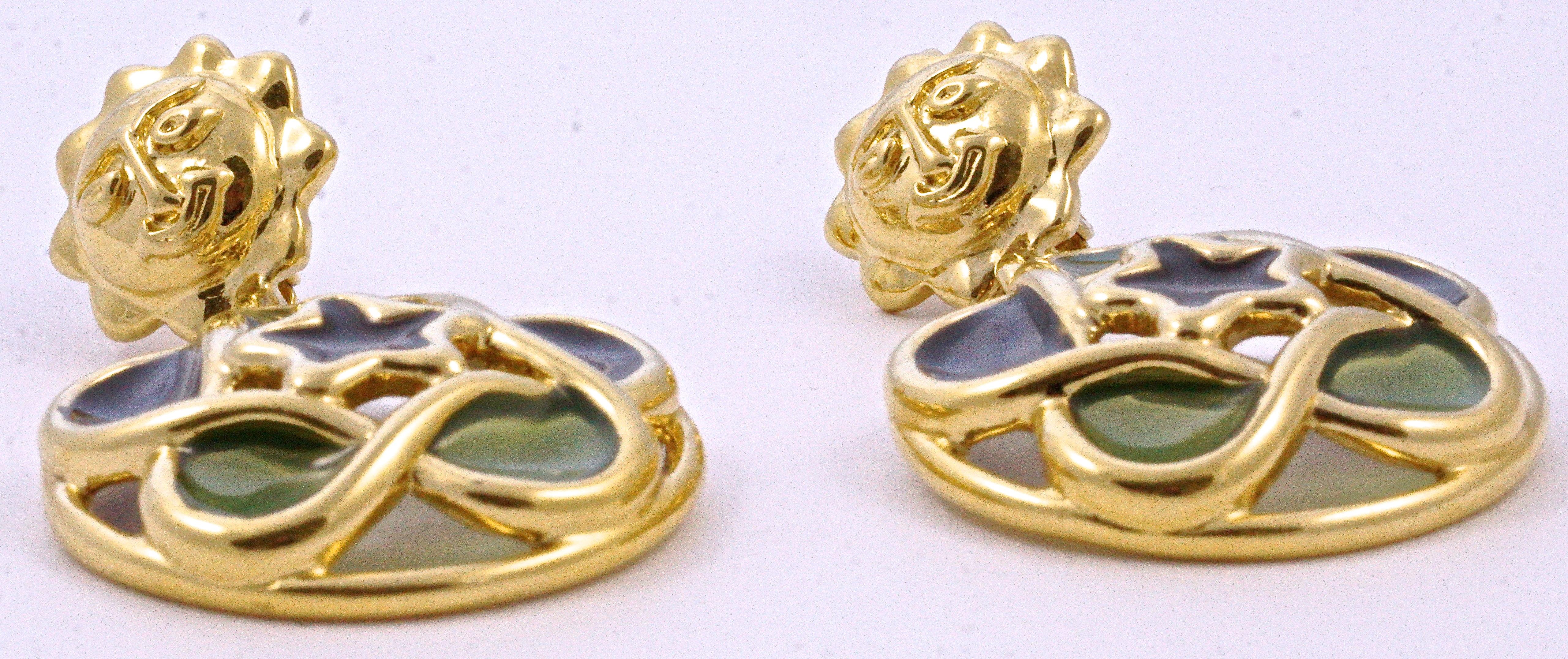 Trifari 1980s Gold Plated Green and Lilac Glass Sun Face Star Clip On Earrings 3