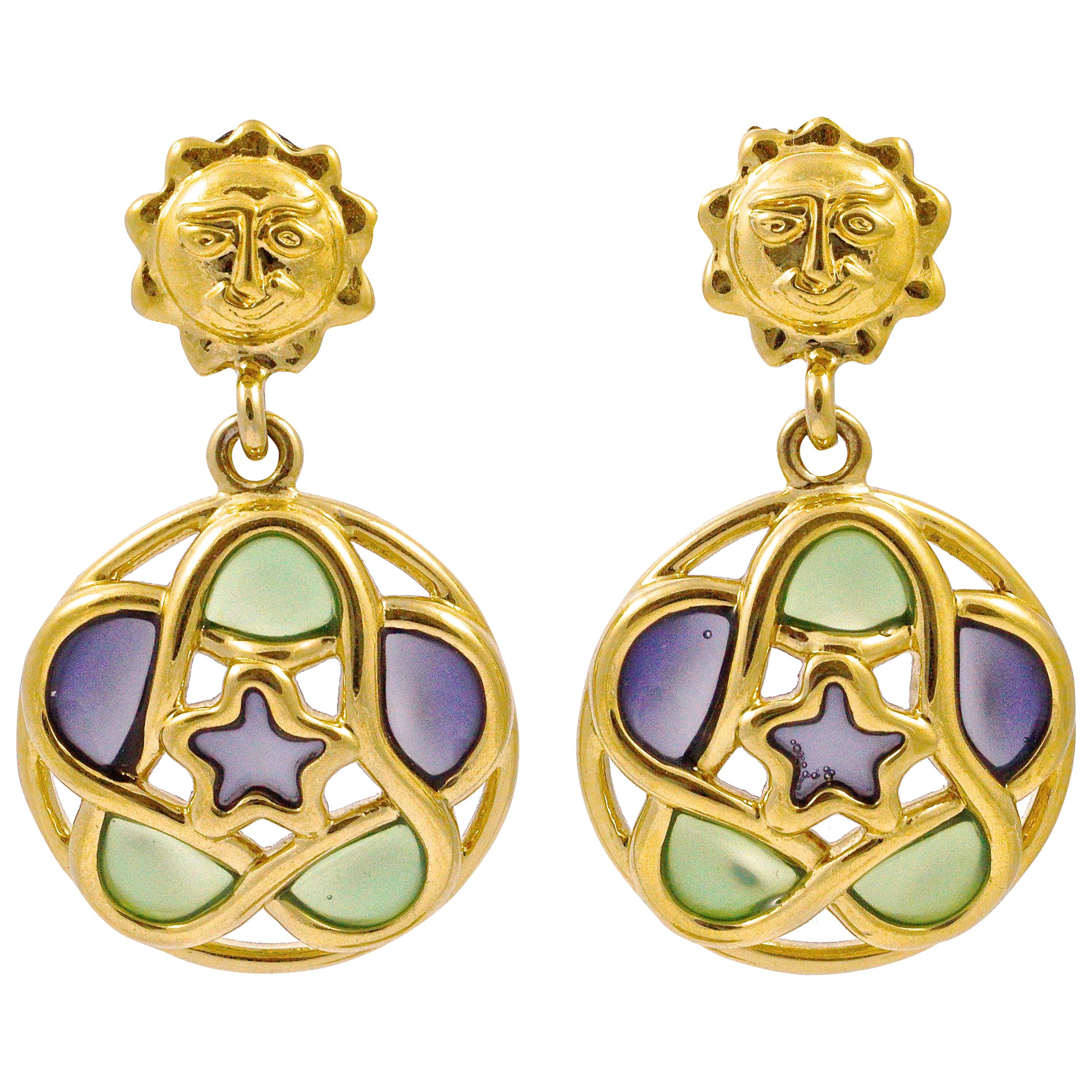 Trifari 1980s Gold Plated Green and Lilac Glass Sun Face Star Clip On Earrings