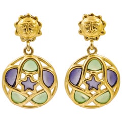 Vintage Trifari 1980s Gold Plated Green and Lilac Glass Sun Face Star Clip On Earrings