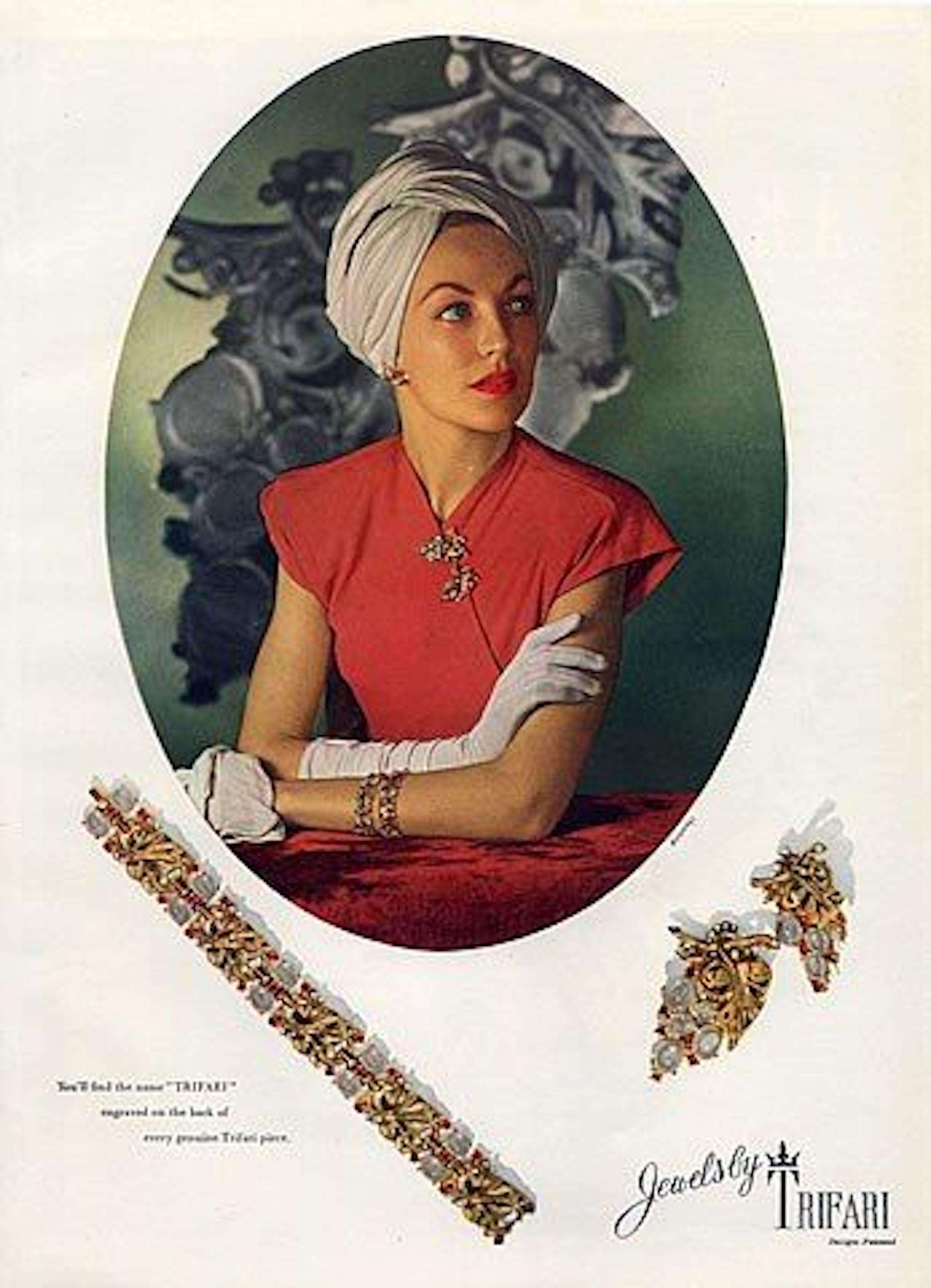 Trifari, Alfred Philippe Des. Sterling Silver & Cabochon Bracelet, Vogue 1945 8