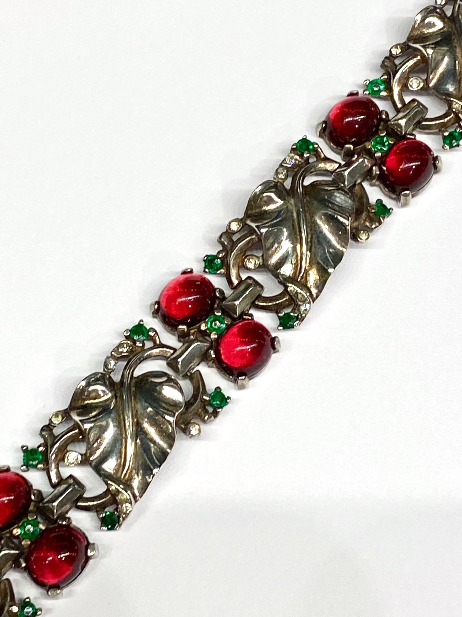 Art Deco Trifari, Alfred Philippe Des. Sterling Silver & Cabochon Bracelet, Vogue 1945