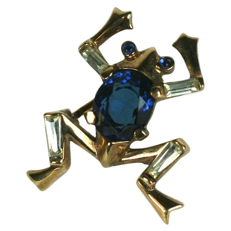 Trifari Alfred Philippe Gold and Sapphire Miniature Frog Pin For Sale