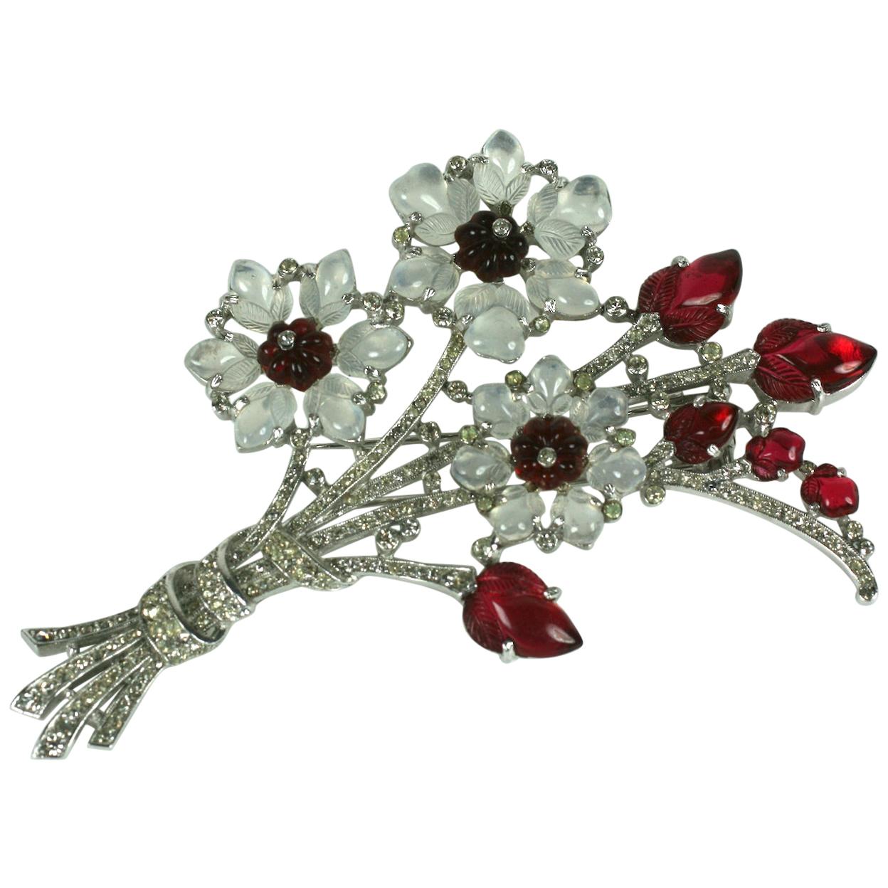 Trifari Alfred Philippe Moonstone and Ruby Fruit Salad Giant Bouquet Brooch For Sale