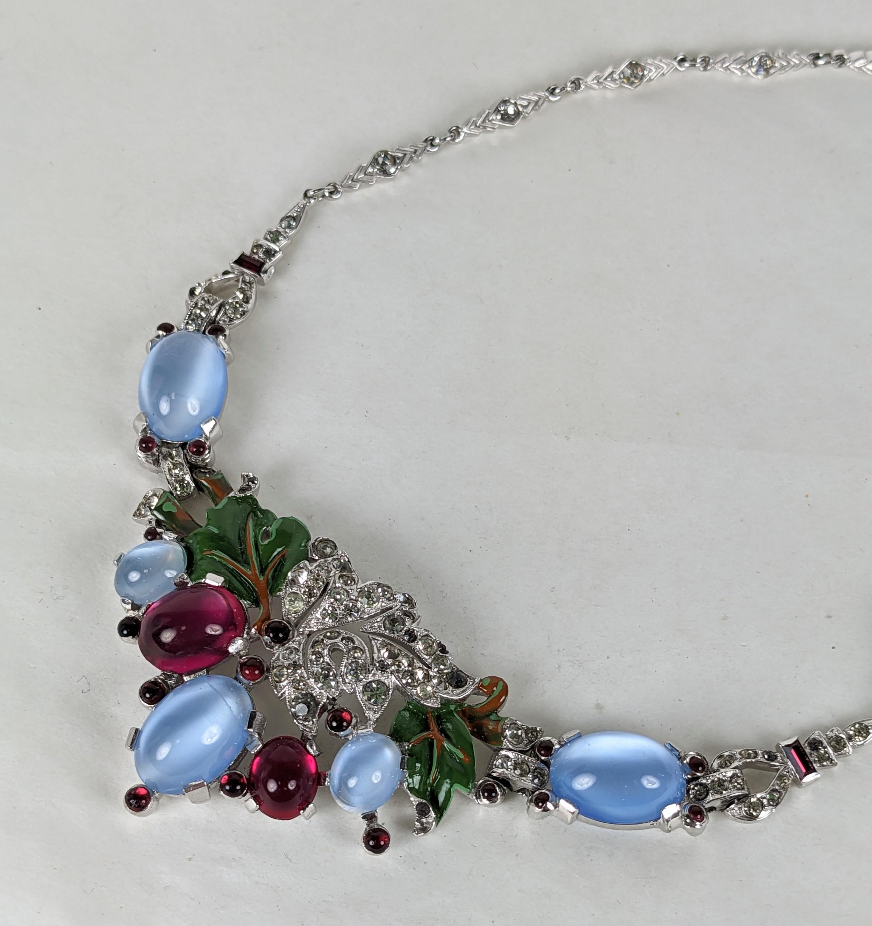 Trifari Alfred Phillipe Art Deco Faux Moonstone, Ruby and Enamel Necklace In Good Condition For Sale In New York, NY