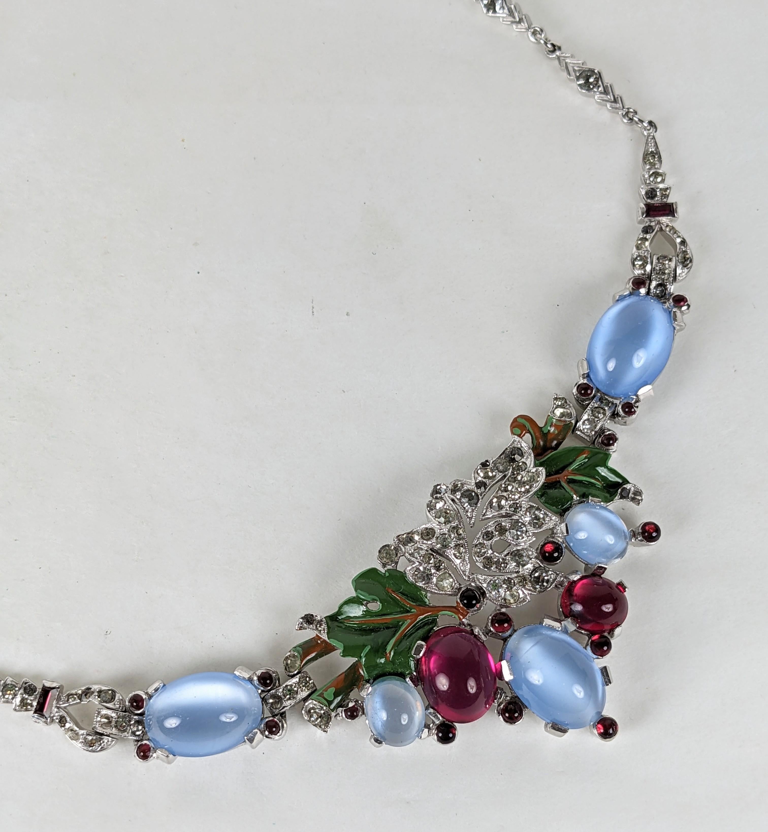 Women's Trifari Alfred Phillipe Art Deco Faux Moonstone, Ruby and Enamel Necklace For Sale