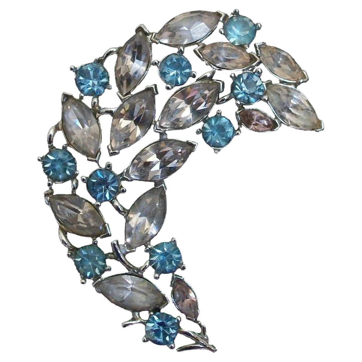 Trifari Alfred Phillipe, Blue Topaz Rhinestone Feather Brooch, circa 1939-55 For Sale