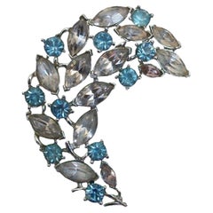 Vintage Trifari Alfred Phillipe, Blue Topaz Rhinestone Feather Brooch, circa 1939-55