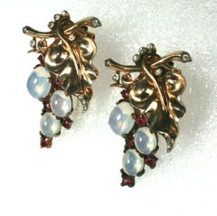 Trifari Alfred Phillipe Sterling Silver Moonstone Grape Fur Clips