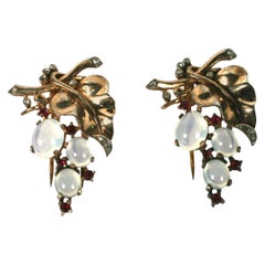 Trifari Alfred Phillipe Sterling Silver Moonstone Grape Fur Clips