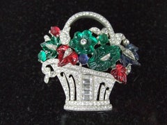 Trifari Art Deco Carved Glass Fruit Salad Flower Basket Brooch c 1930s