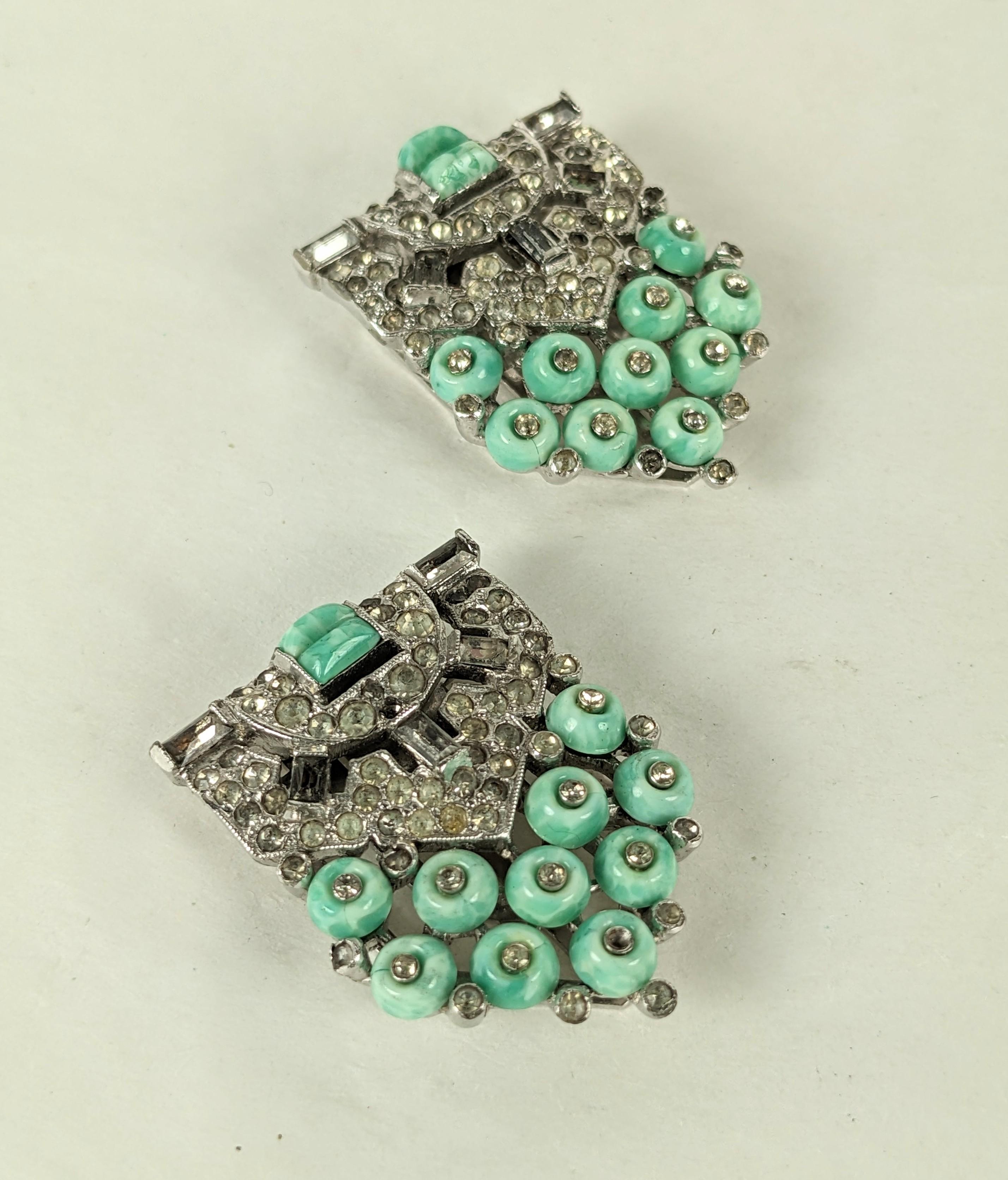 Trifari Art Deco Clips, KTF by Alfred Phillipe from the 1930's. High Art Design with faux pate de verre amazonites and crystals in the Cartier style set in rhodium. 1.25