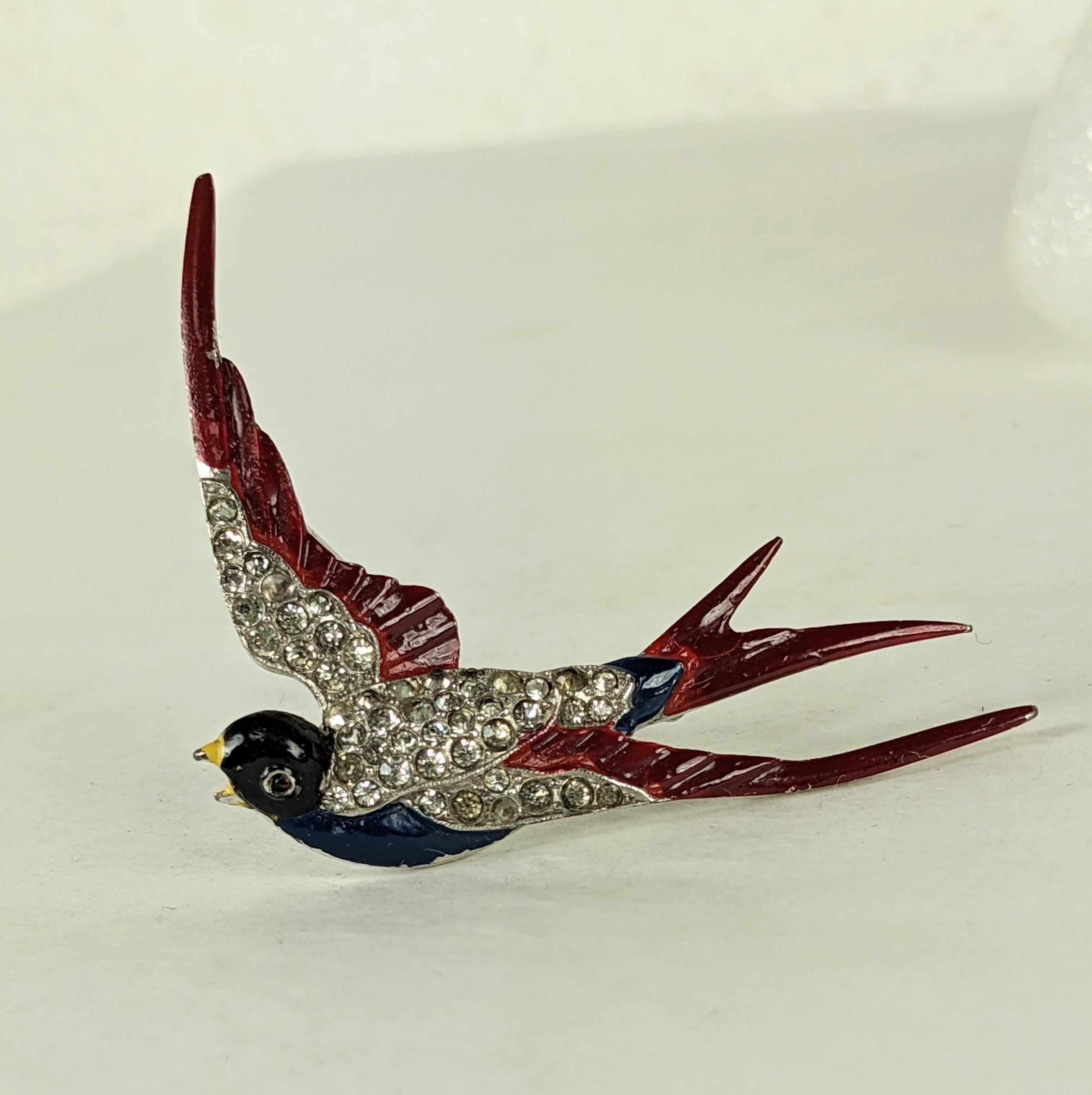 Charming Trifari Art Deco Enamel Sparrow, Alfred Phillipe from the 1930's. Original rare enamel with pave accents and cab eye, set in rhodium metal. 2.5