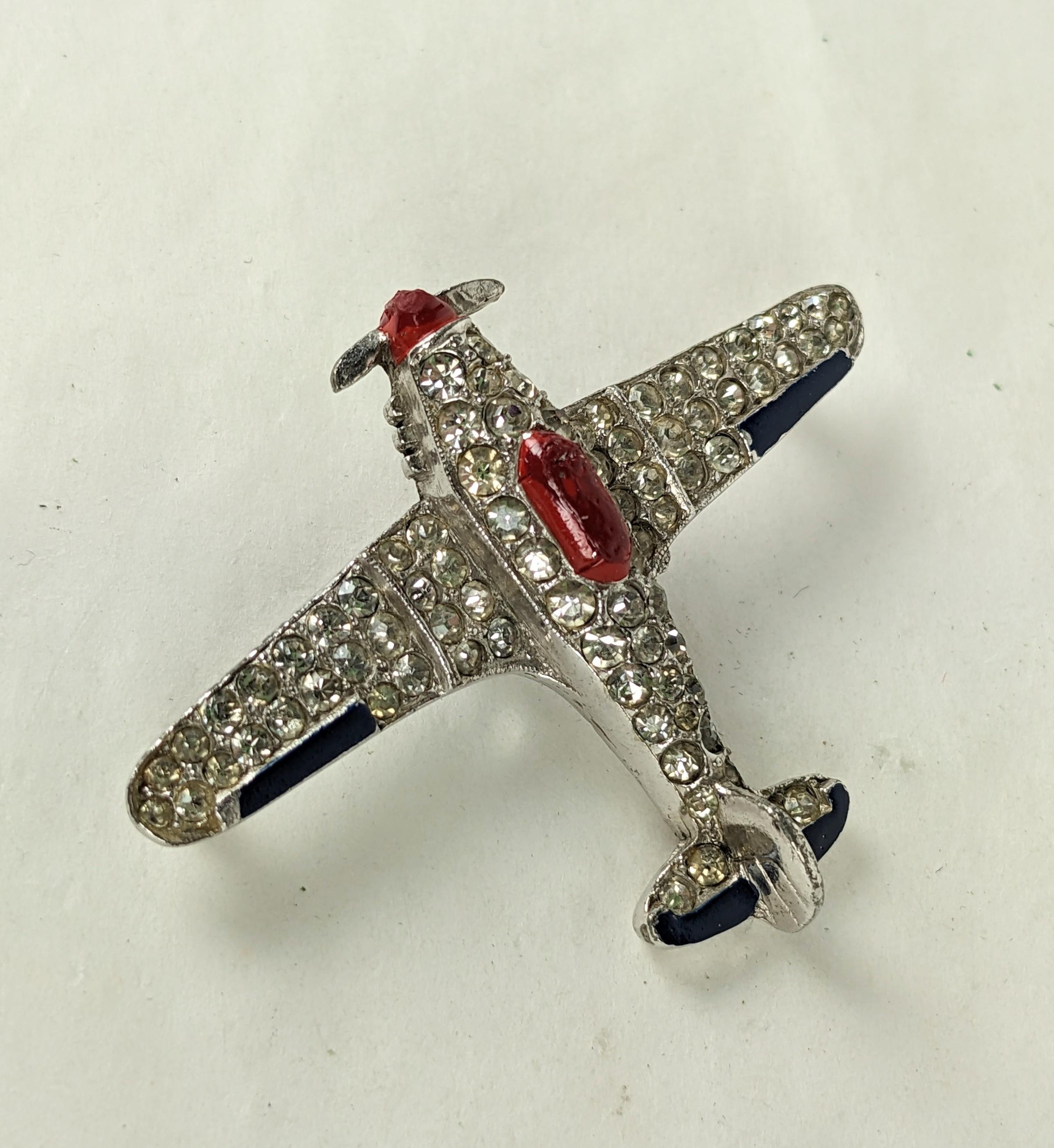 Trifari Art Deco Pave and Enamel Plane, Alfred Phillipe from the 1930's. Rhodium finish with pave crystals and and enamel accents, 1930's USA. Signed. 