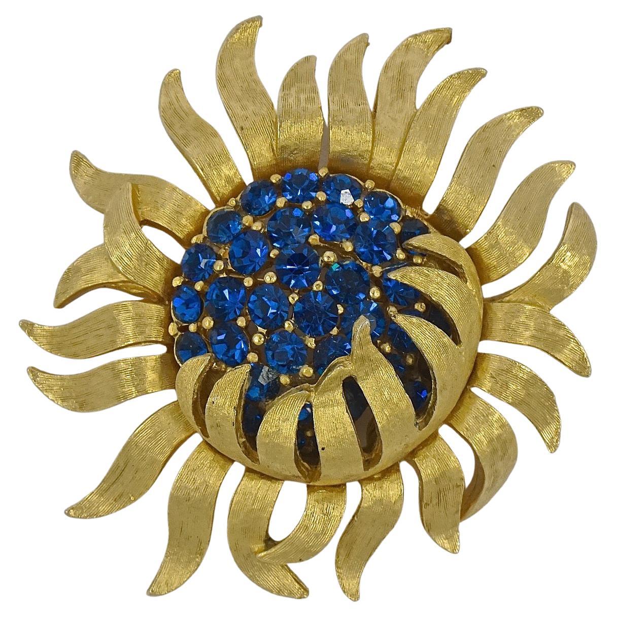 BIG Marvelous ROYAL Blue Star OVAL Spiral RHINESTONE Flower Retro Vintage Brooch 