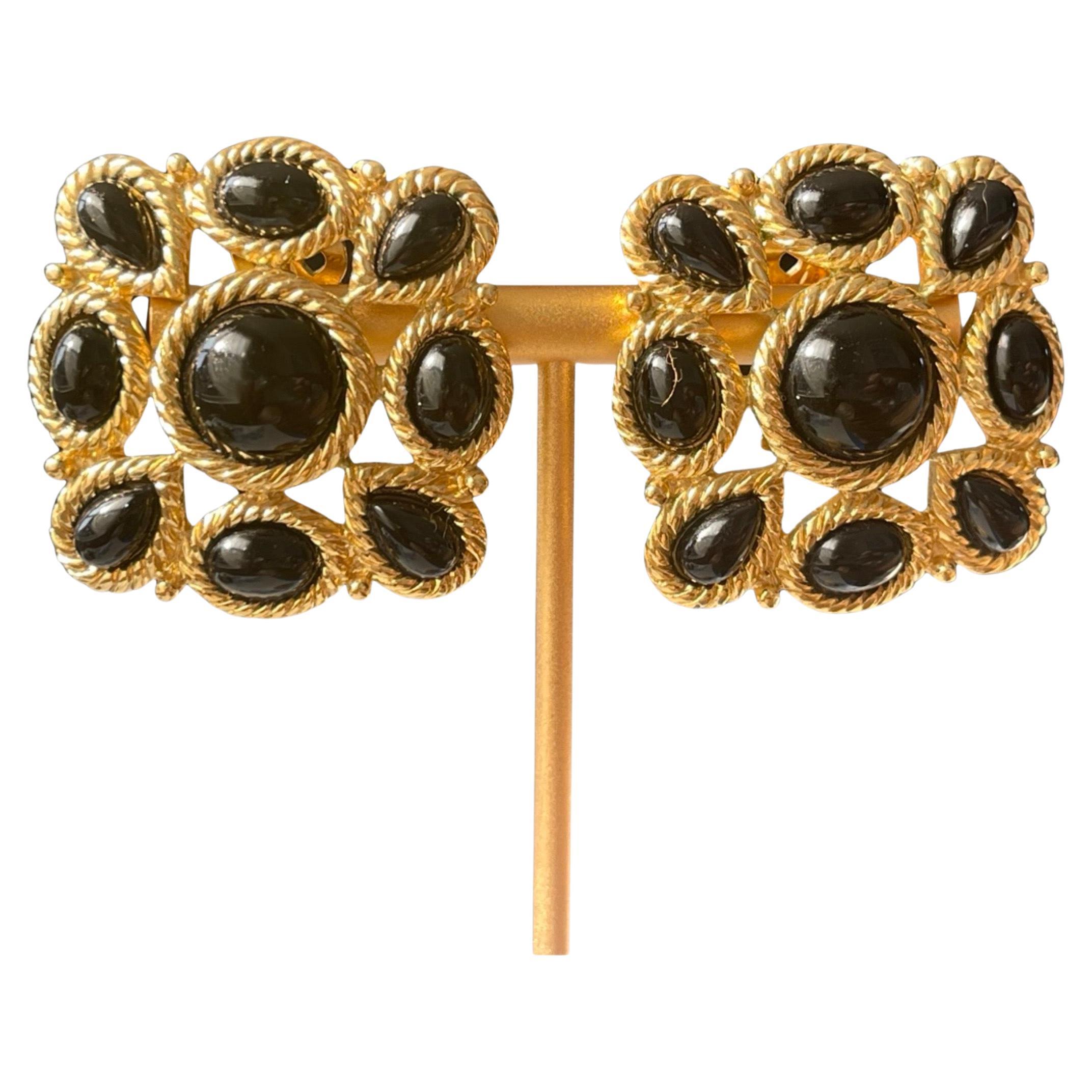 Trifari Black and Gold Square Clip - on Earring Circa. 1988-1998 For Sale
