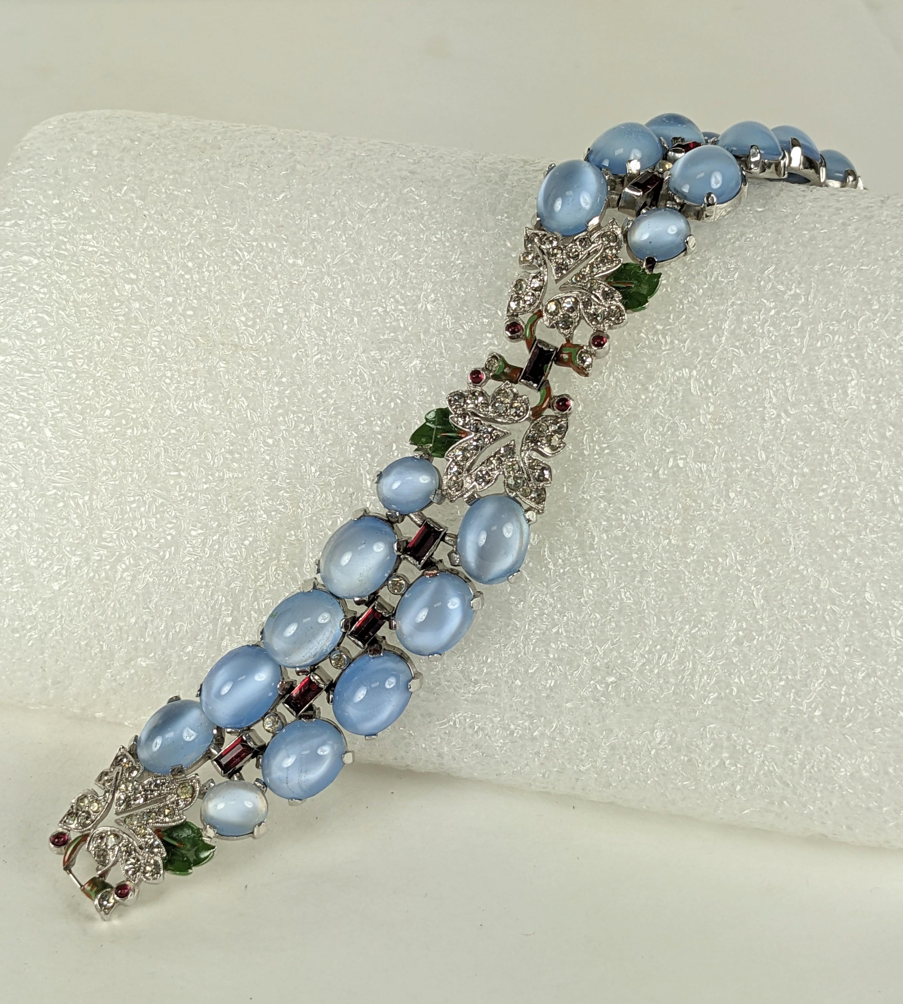Art Deco Trifari Blue Moonstone, Ruby and Enamel Deco Bracelet, Alfred Phillipe For Sale