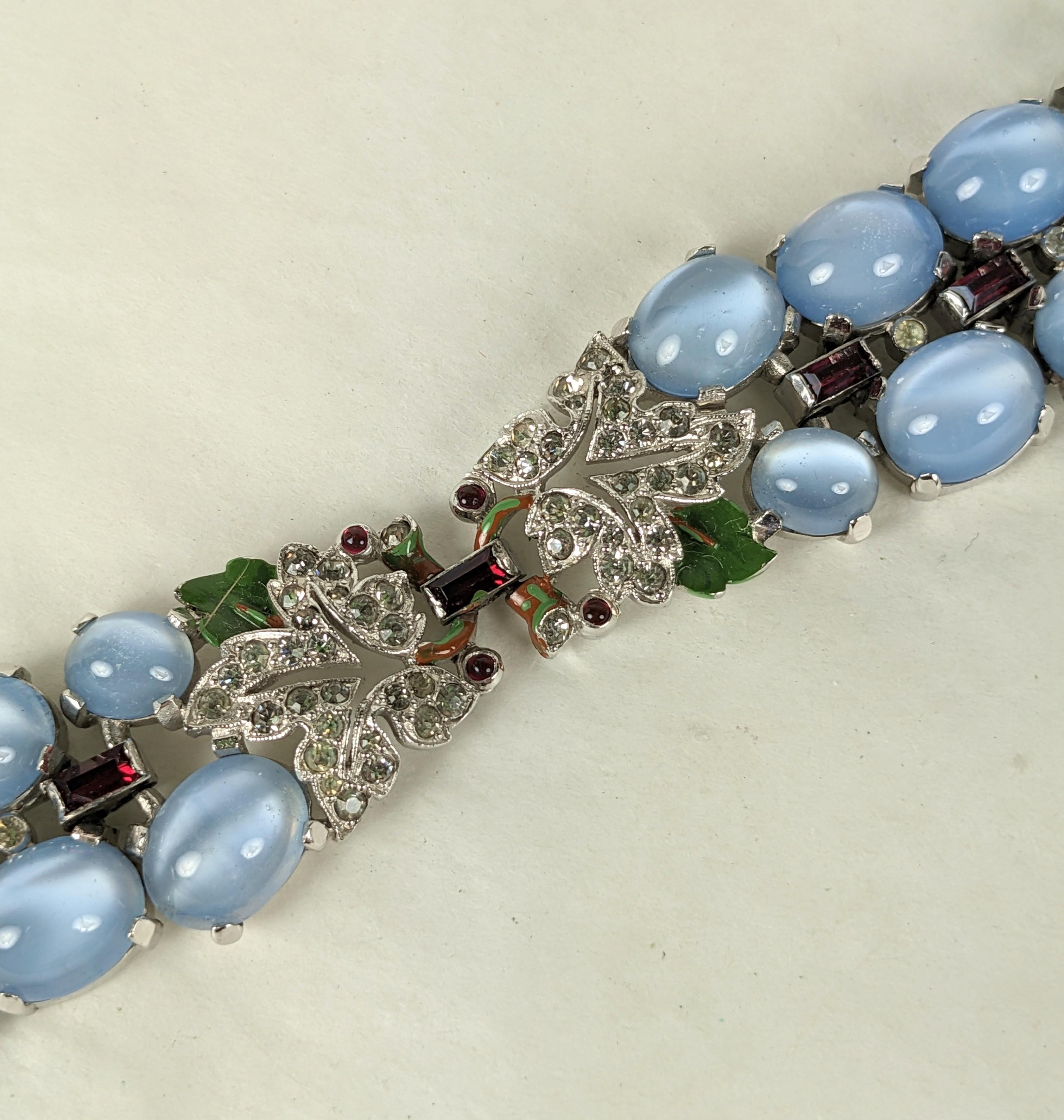 Trifari Blue Moonstone, Ruby and Enamel Deco Bracelet, Alfred Phillipe In Excellent Condition For Sale In New York, NY