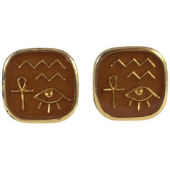 Vintage Trifari Brown Egyptian Hieroglyph Clip Earrings 1970s