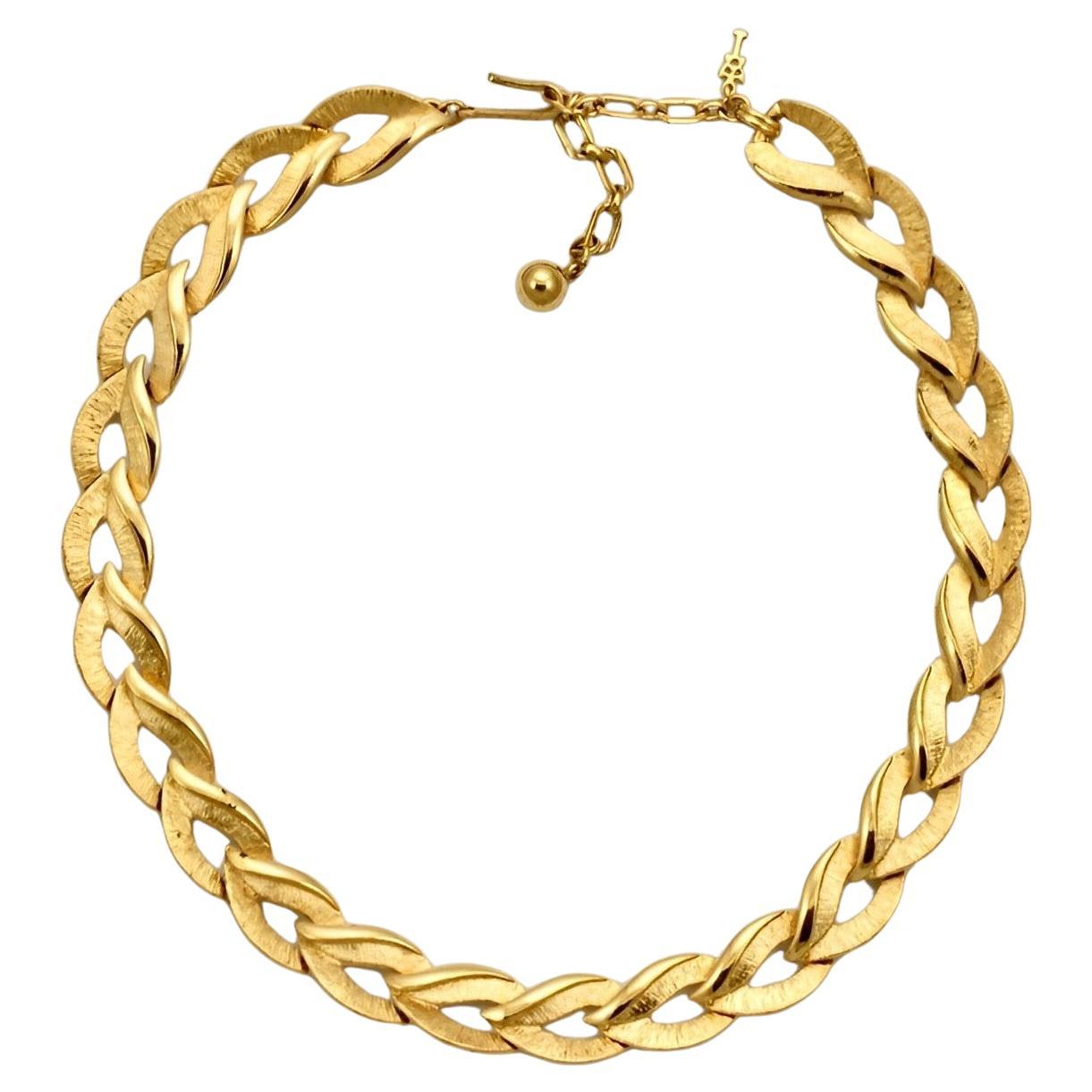 Trifari Brushed and Shiny Gold Plated Leaf Link Necklace For Sale