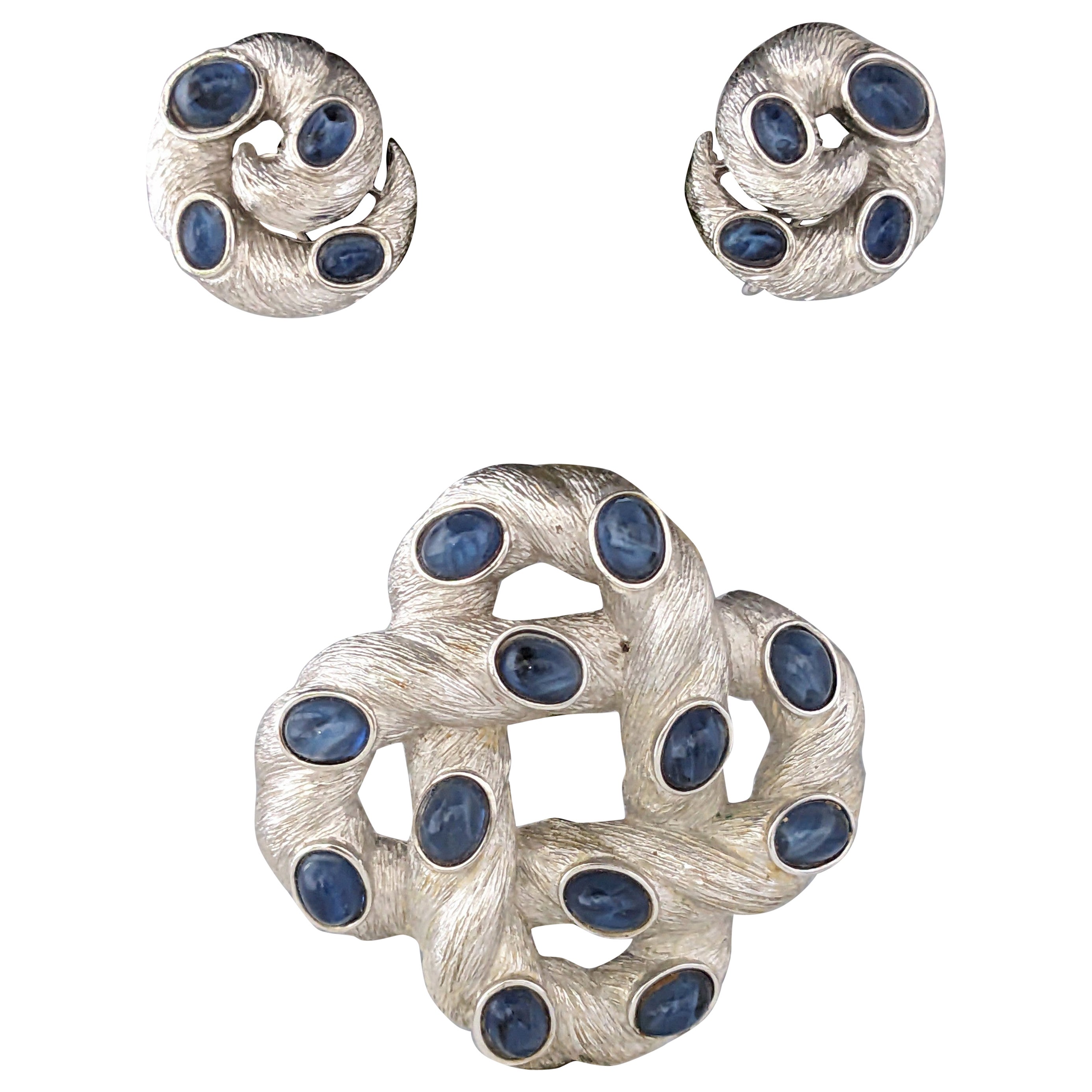 Trifari Brushed Silver and Sapphire Cab Suite For Sale