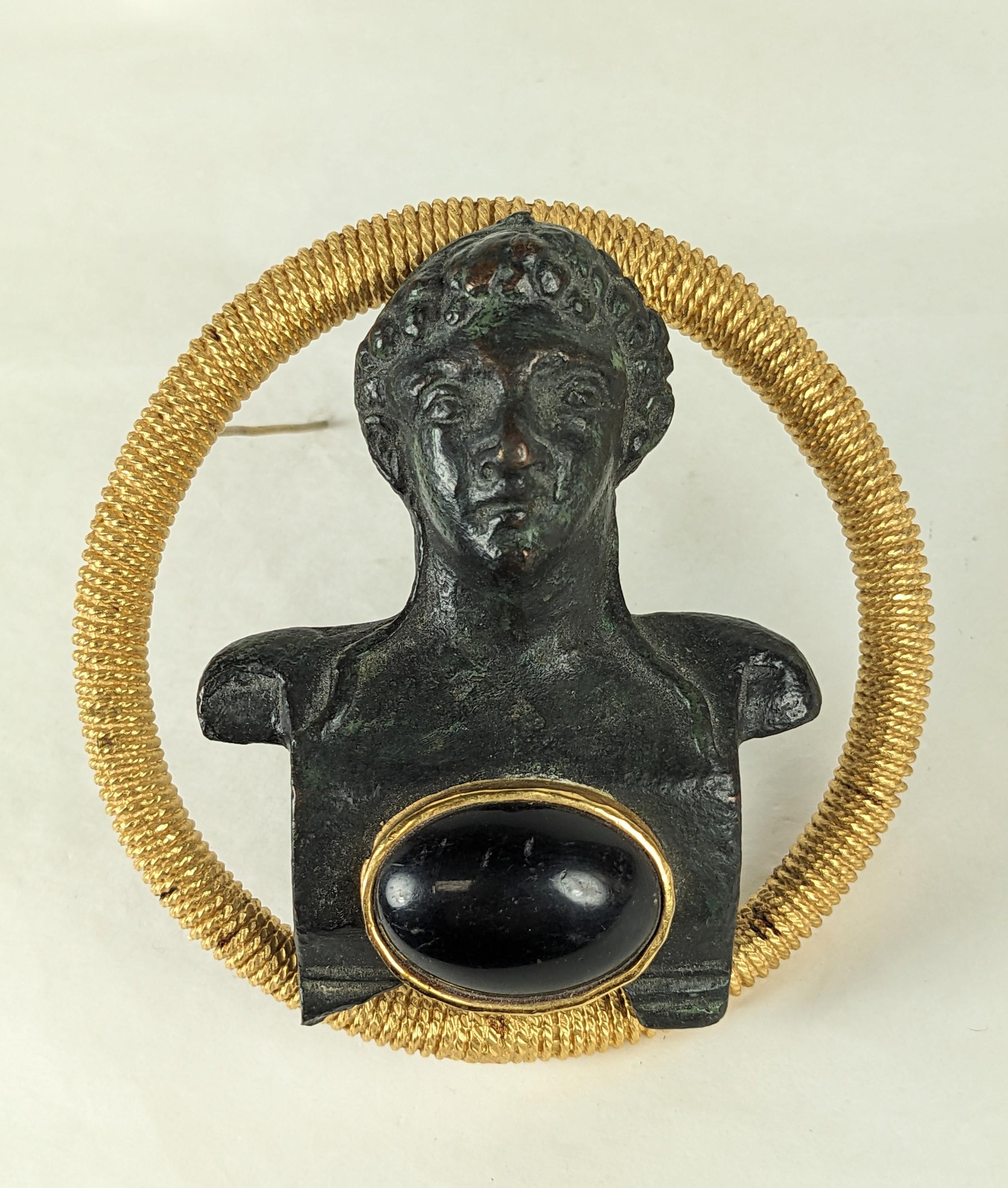 Collectible and Rare Trifari by Diane Love Archealogical Revivalist Brooch from the 1970's. Diane Love created a line of Artisan jewels based on Ancient and Historical forms in the 60's and 70's. 
The design is based on a 1st Century Bronze bust of