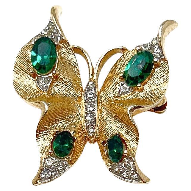 Trifari c.1960 Spilla a farfalla vintage con placca d'oro e strass