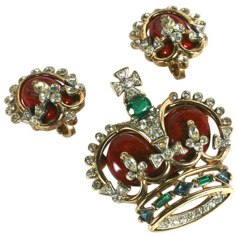 Trifari "Coronation Gems" Red Royal Crown Pin Set, Original Box