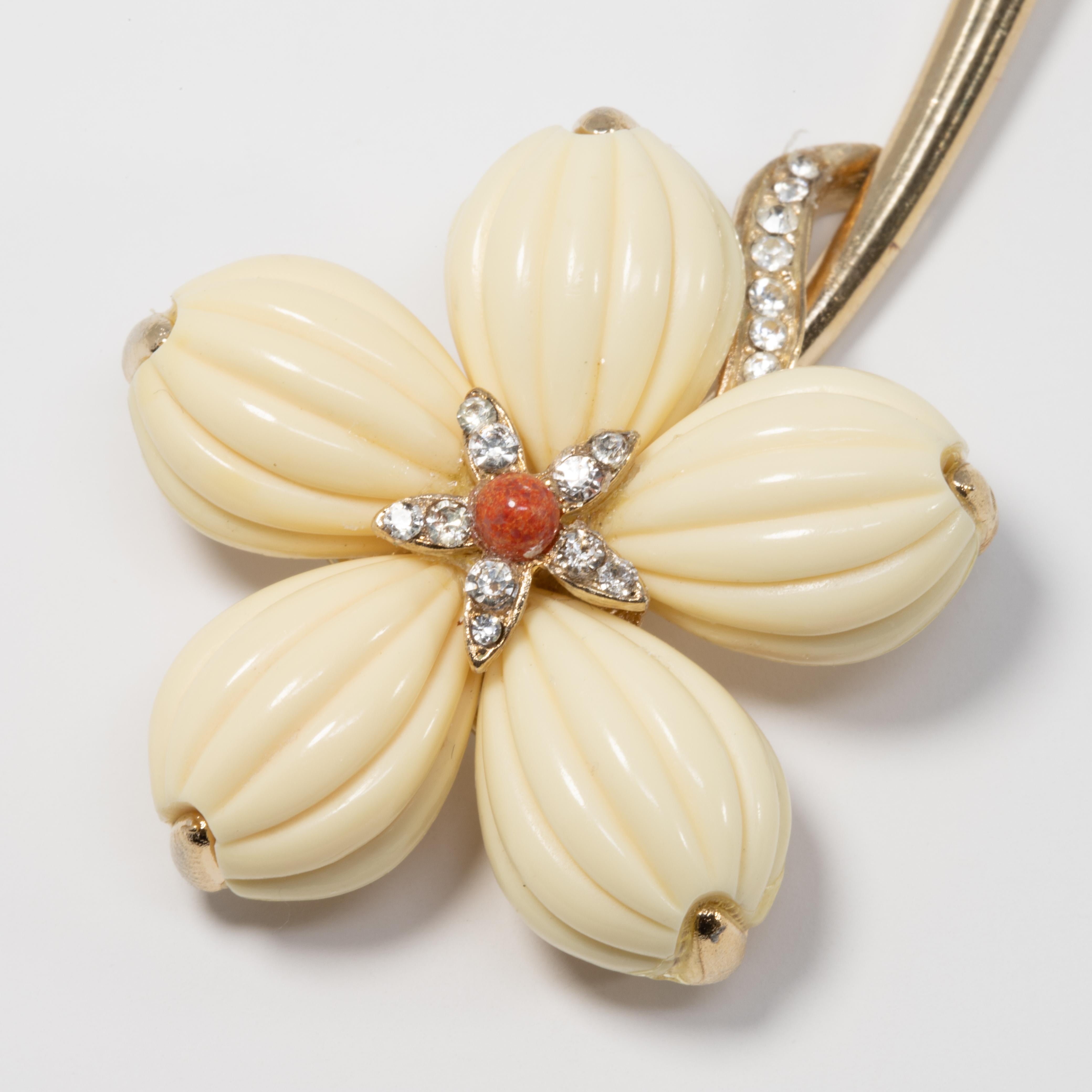 Trifari Cream Lucite Petal Flower Gold Brooch with Clear Crystals and Faux Coral In Good Condition In Milford, DE