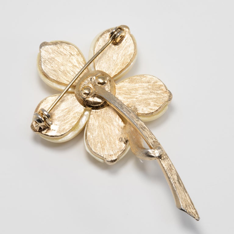 Trifari Cream Lucite Petal Flower Gold Brooch with Clear Crystals and ...