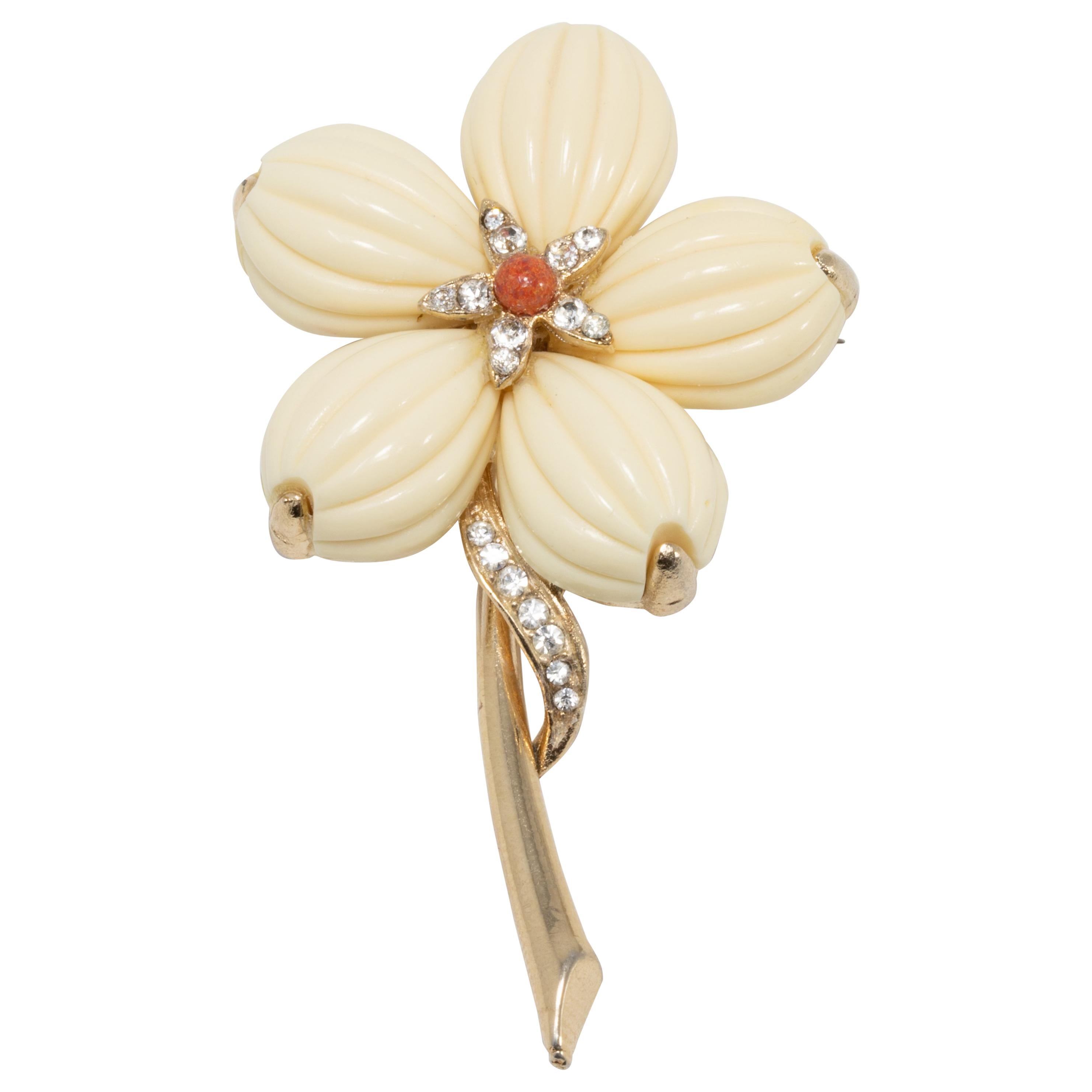Trifari Cream Lucite Petal Flower Gold Brooch with Clear Crystals and Faux Coral