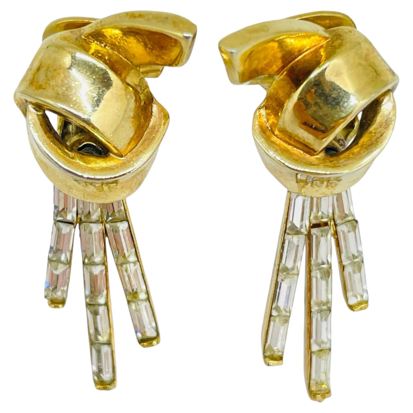 TRIFARI crown ALFRED PHILIPPE vintage signed gold tone rhinestones clip earrings