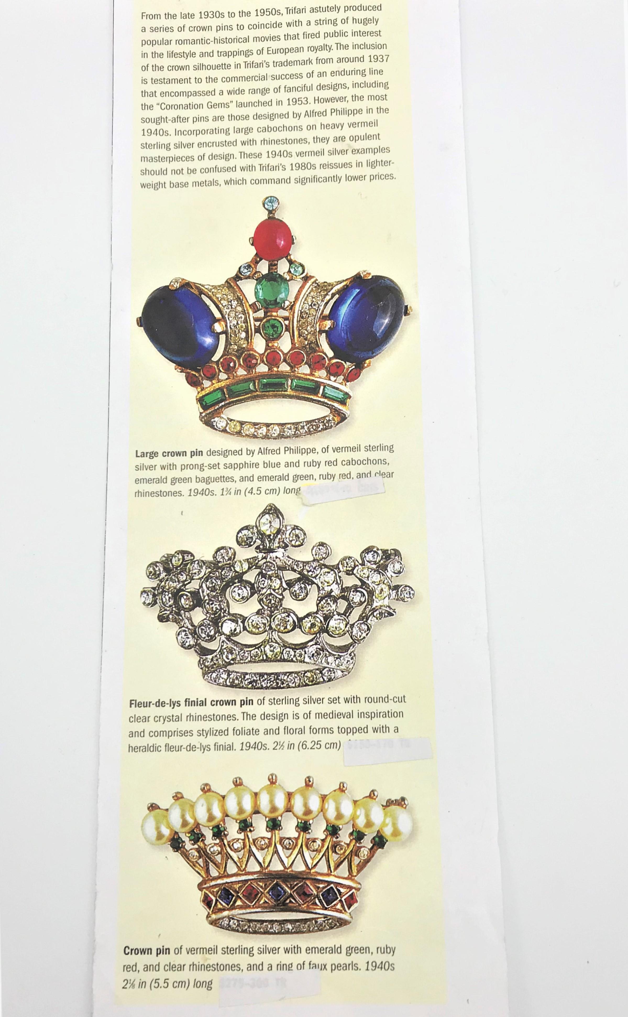 Arts and Crafts Trifari crown brooch designed by Alfred Philippe of vermeil sterling silver